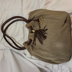 Michael Kors canvas & Leather purse w MK charm & leather tassle EUC Clean!